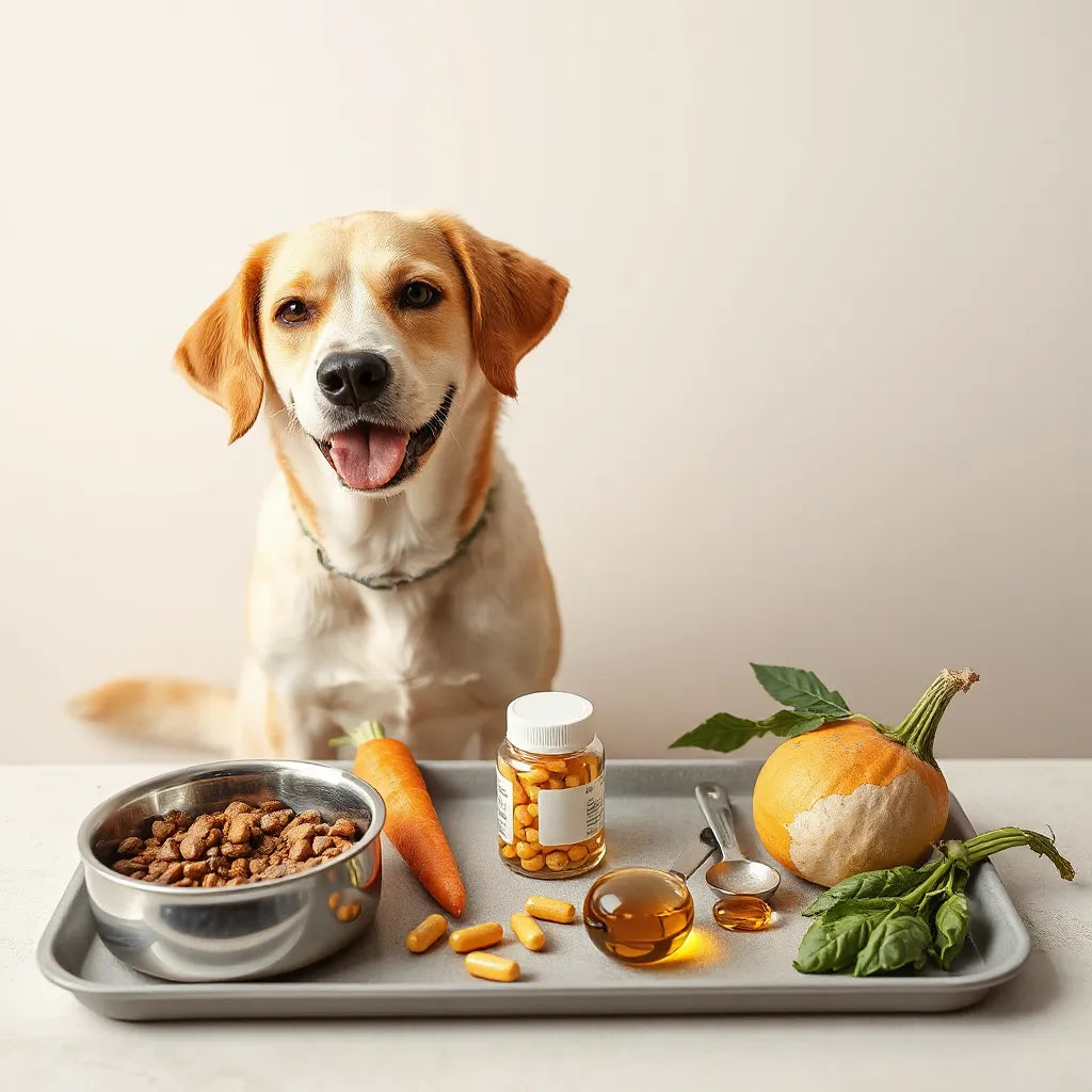 Perro saludable junto a un cuenco de comida y frascos de suplementos sin etiquetas sobre fondo claro