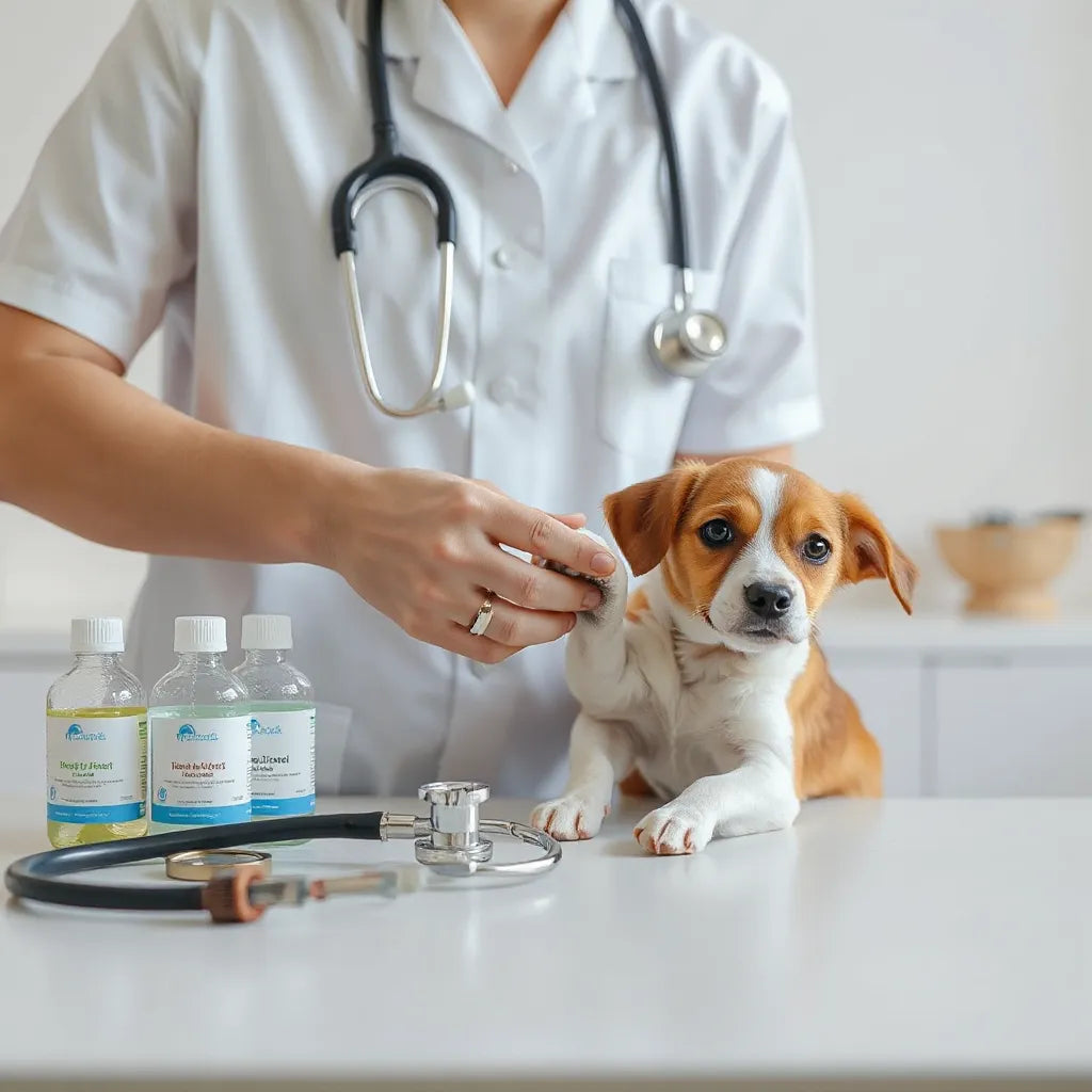 Veterinario revisando productos veterinarios junto a un perro tranquilo en una clínica