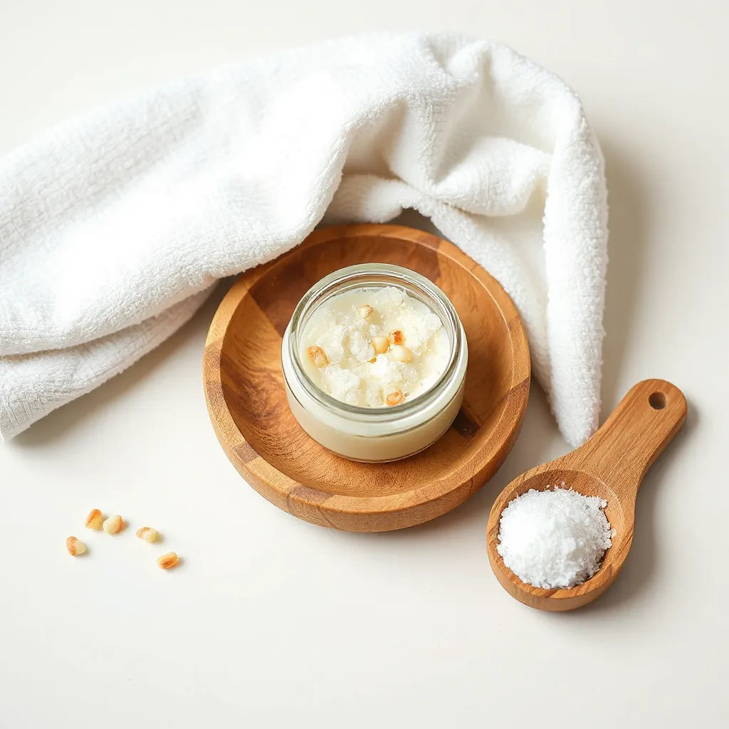 Bote de exfoliante corporal y recipiente con granos sobre una toalla suave, con luz natural