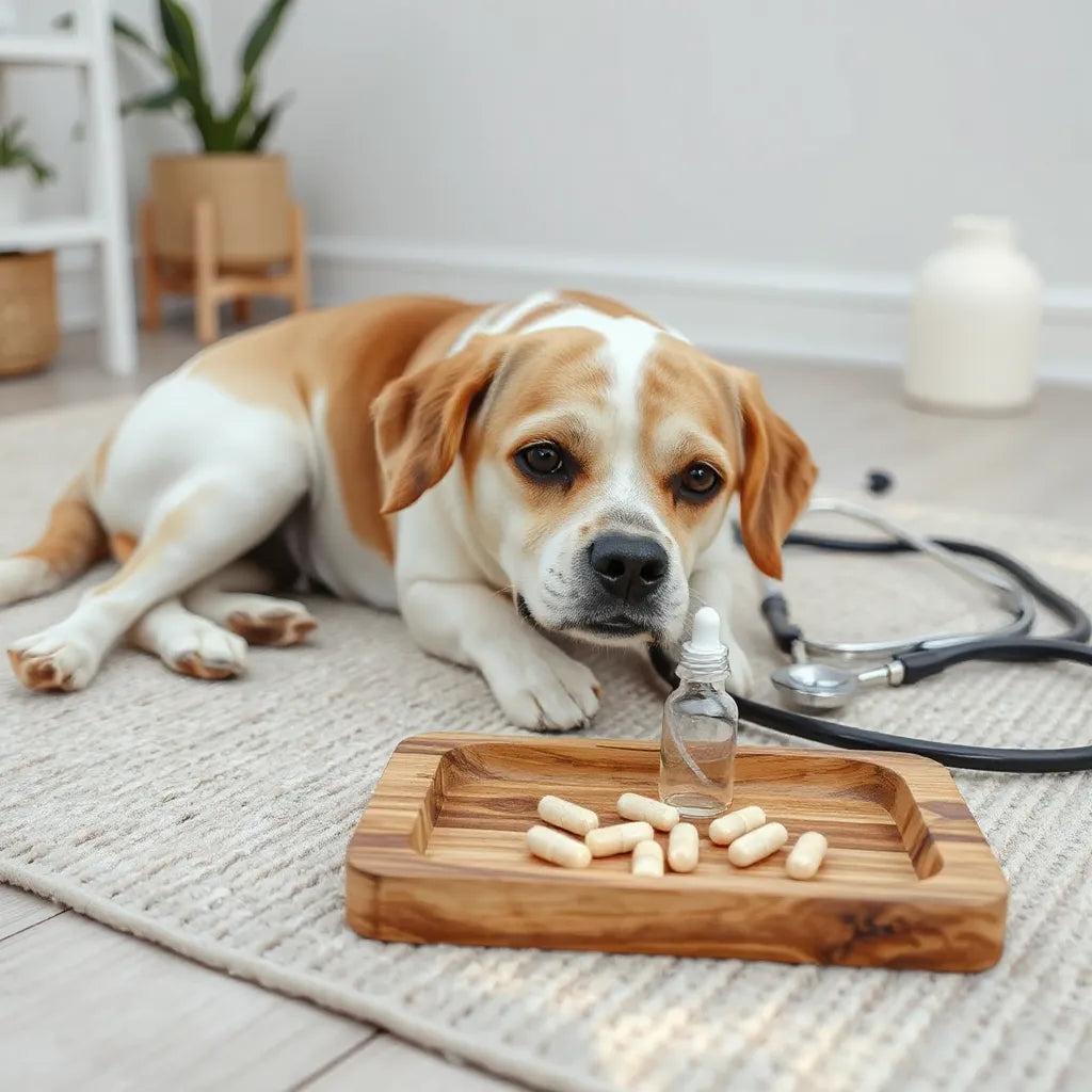 Perro tranquilo junto a cápsulas y un gotero de suplementos para aliviar alergias