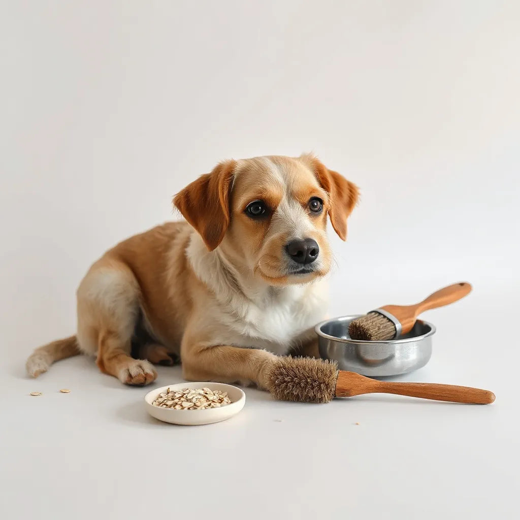 Perro tranquilo junto a su cuenco de comida y un cepillo, con ingredientes naturales para piel sensible