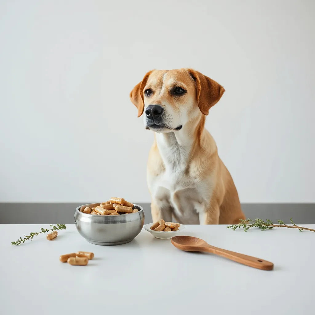 Perro tranquilo junto a un plato y cápsulas de suplemento natural sobre un fondo claro y limpio
