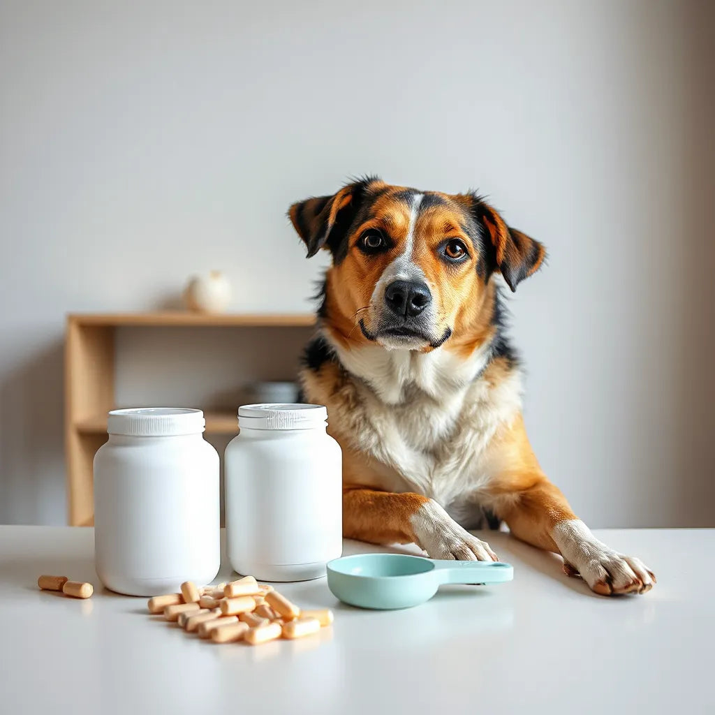 Perro junto a suplementos para mascotas sin etiquetas y utensilios de consulta en un consultorio limpio