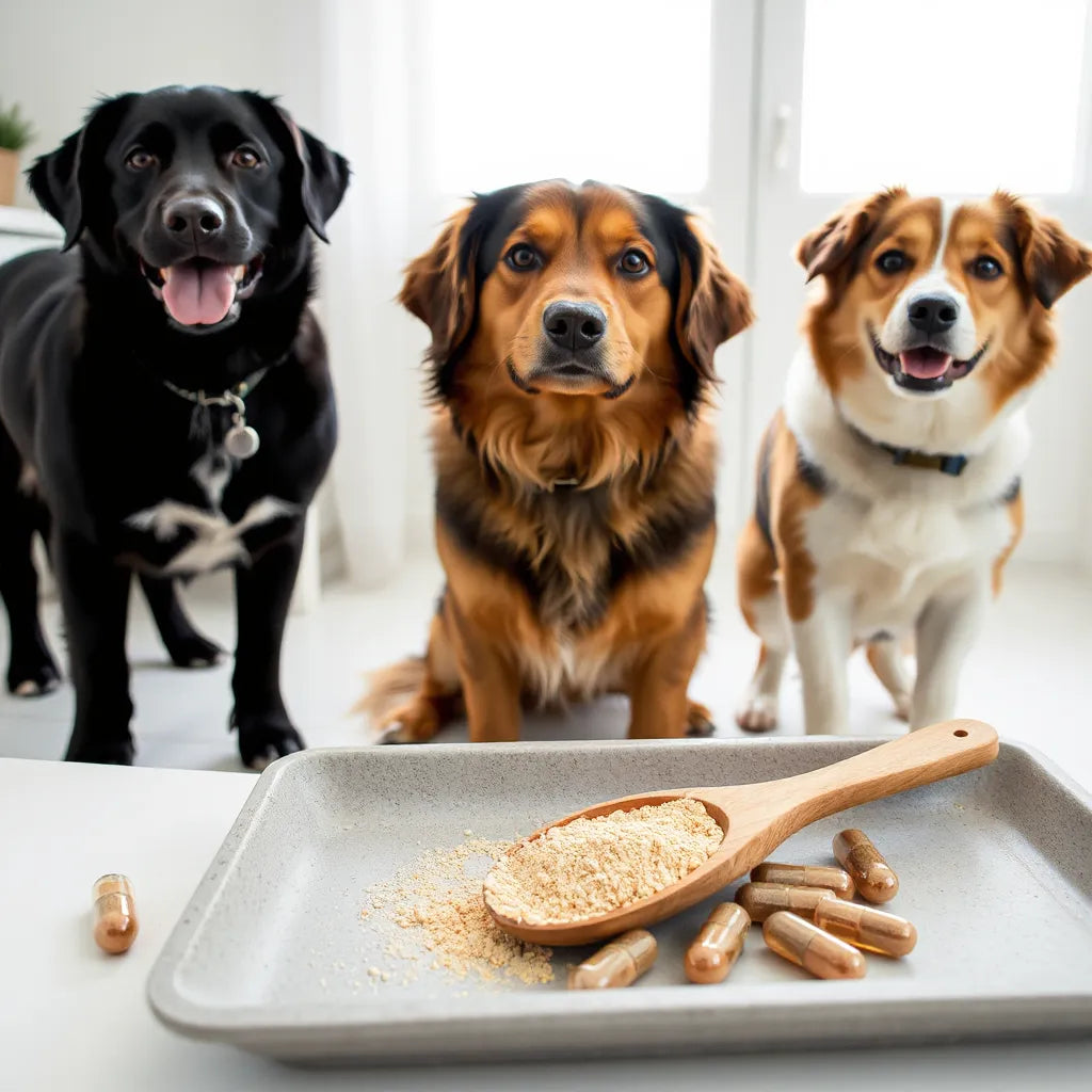 Perros de distintas razas junto a suplementos naturales en una bandeja de madera