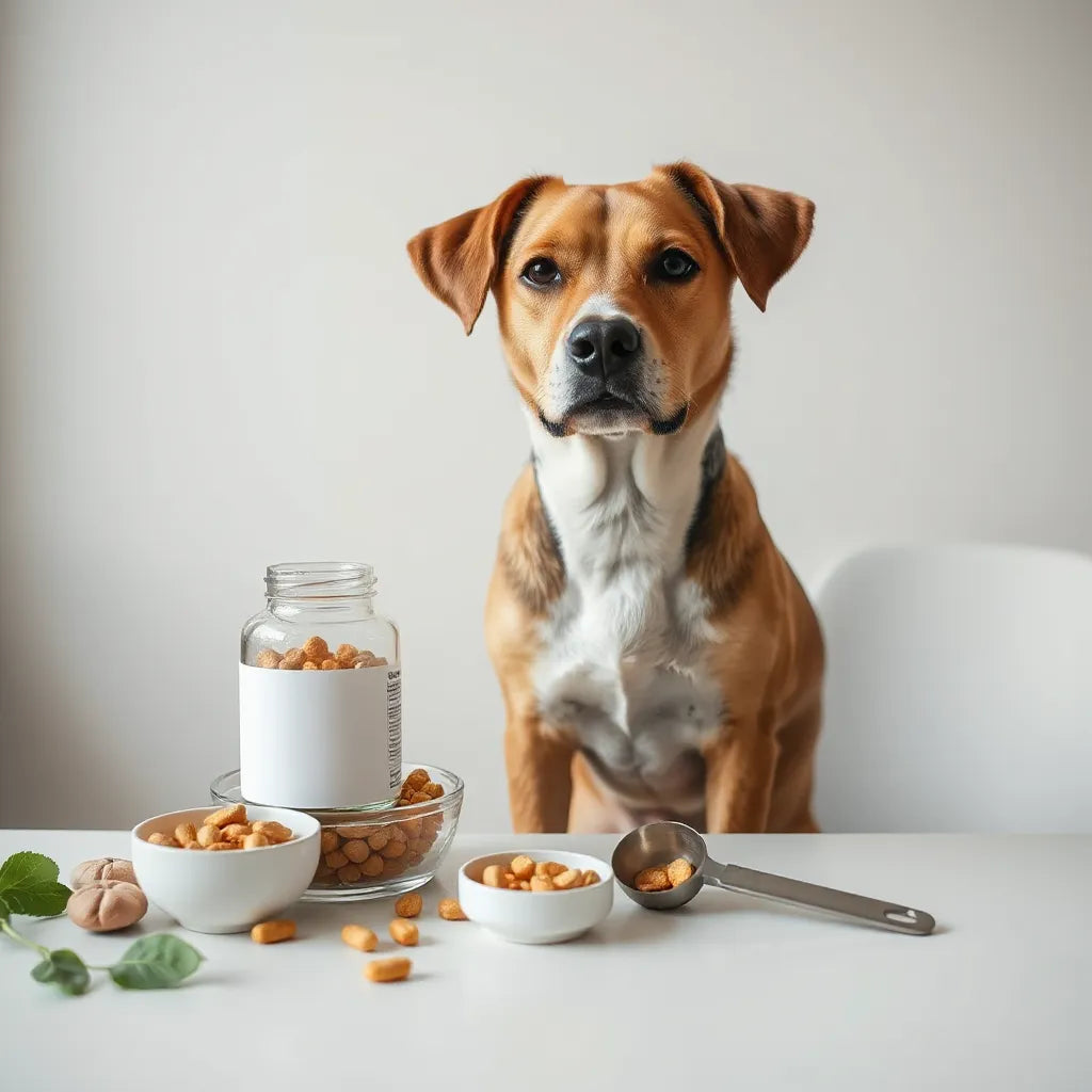 Perro saludable junto a frasco de suplementos vitamínicos y una cuchara medidora sobre una mesa limpia