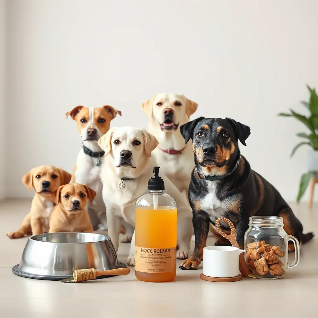Varias razas de perros con accesorios de cuidado y alimentación dispuestos en un fondo limpio y luminoso