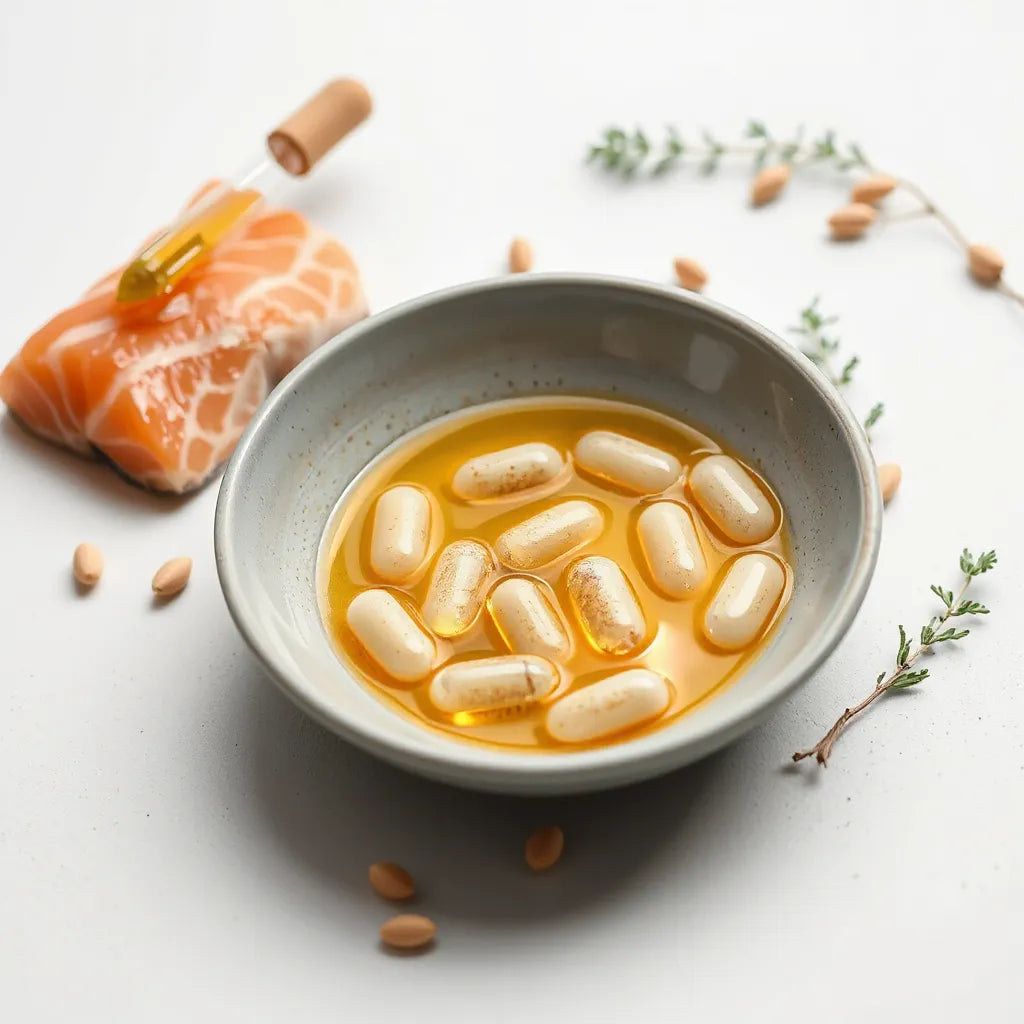 Cápsulas de aceite de salmón junto a salmón fresco sobre un fondo claro