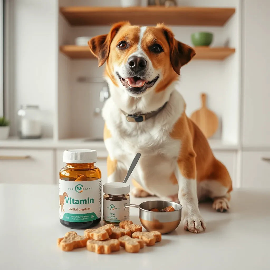 Perro sentado junto a frasco de suplemento y algunas pastillas vitamínicas sobre una mesa con luz natural