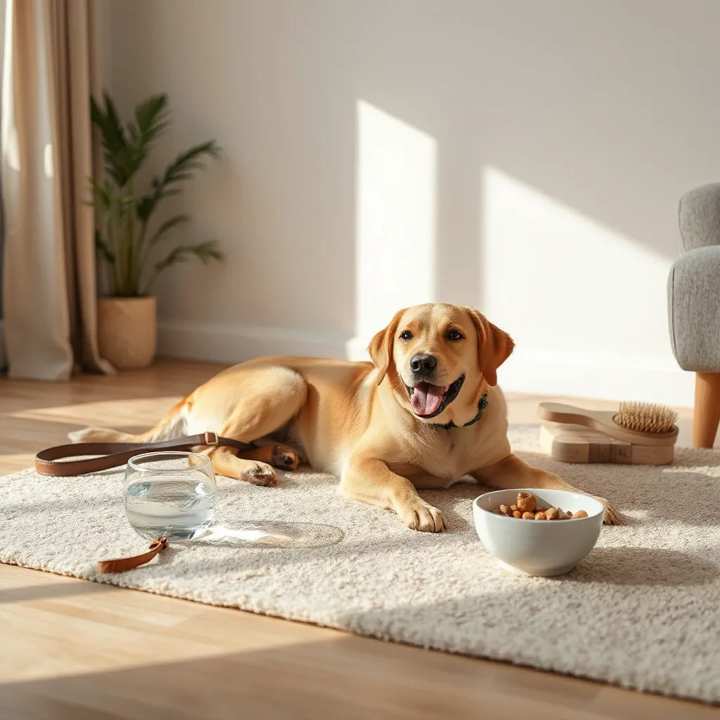 Perro relajado en casa con agua fresca, utensilios de cuidado y luz natural