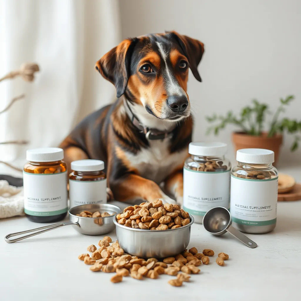 Perro saludable junto a frasco y cucharilla de suplementos naturales en un entorno limpio y luminoso