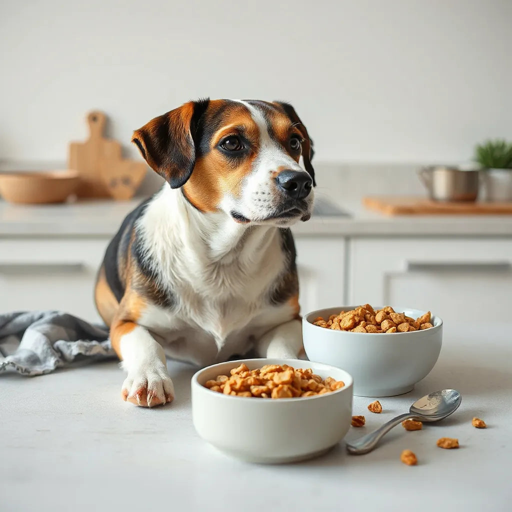 Perro tranquilo junto a un bowl de croquetas y fuentes visibles de omega 3 como aceite de pescado