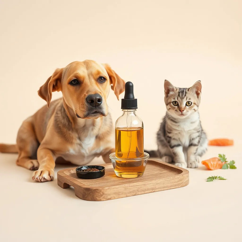 Perro y gato junto a un frasco con aceite de salmón dorado sobre una bandeja de madera