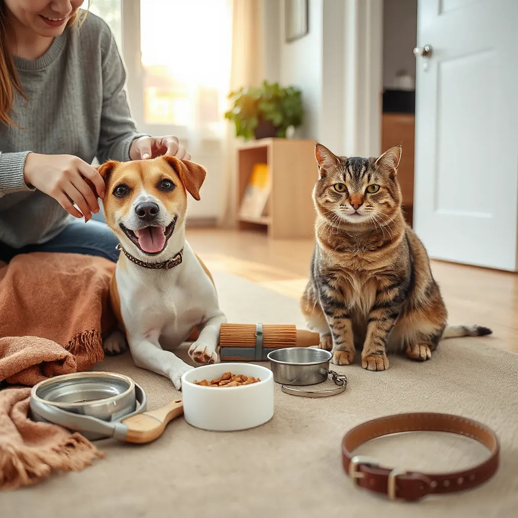 Perro y gato relajados mientras se prepara comida fresca y se realiza cuidado diario en casa