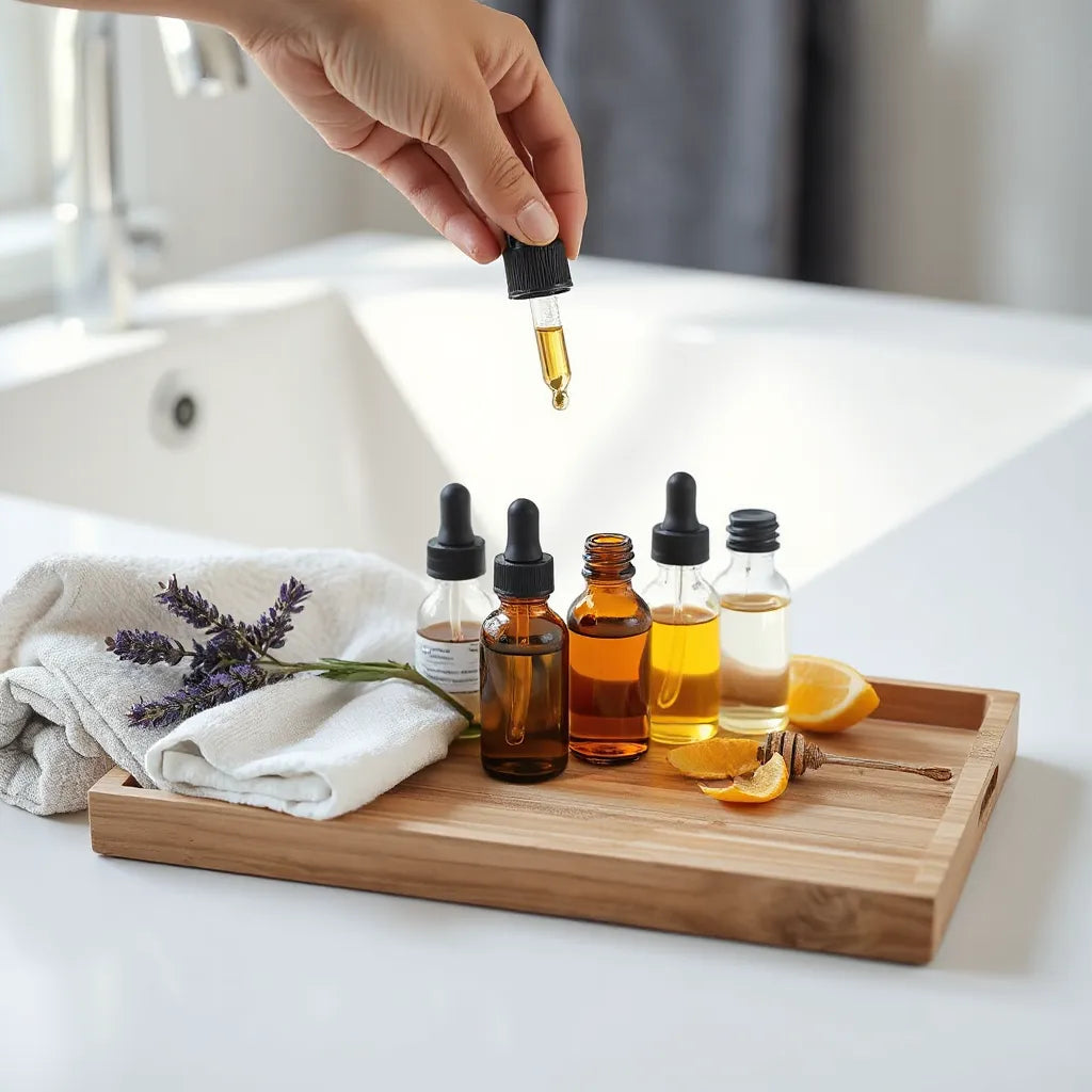 Bolsita de aceites en botellas de vidrio con gotas, junto a flores de lavanda y toalla