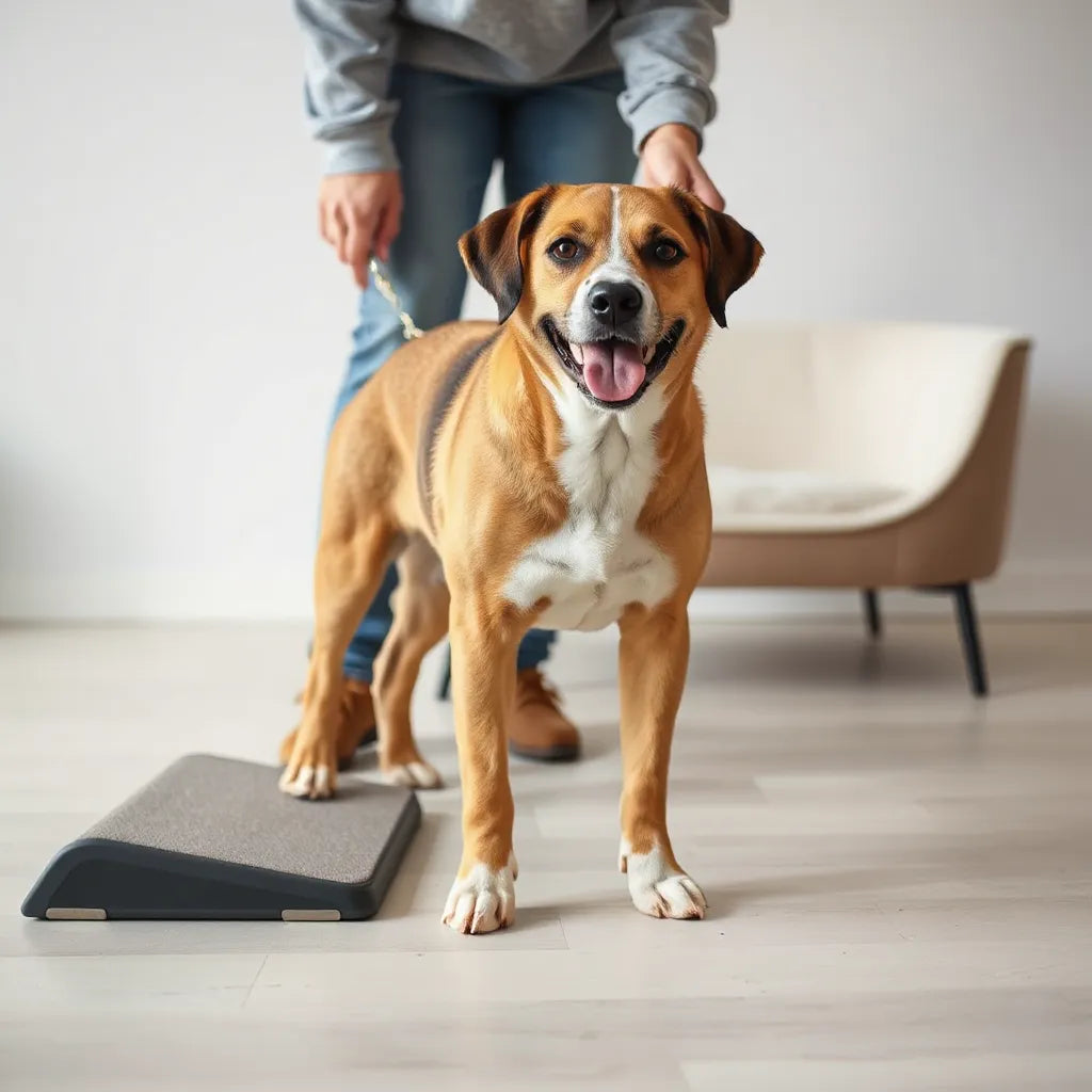 Perro de pie con soporte bajo y cuidando sus patas, sugerencia de movilidad y articulaciones saludables