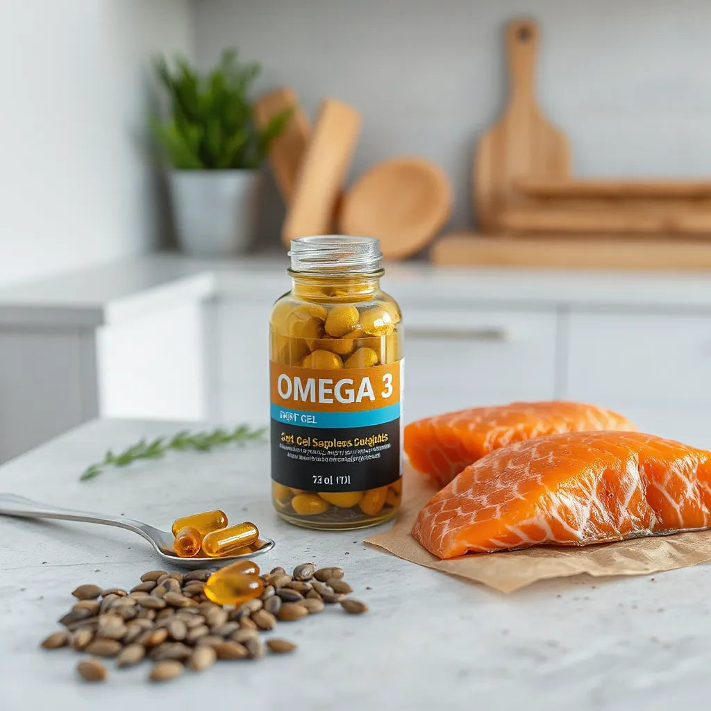 Botella de suplementos y cápsulas blandas de omega 3 junto a ingredientes frescos