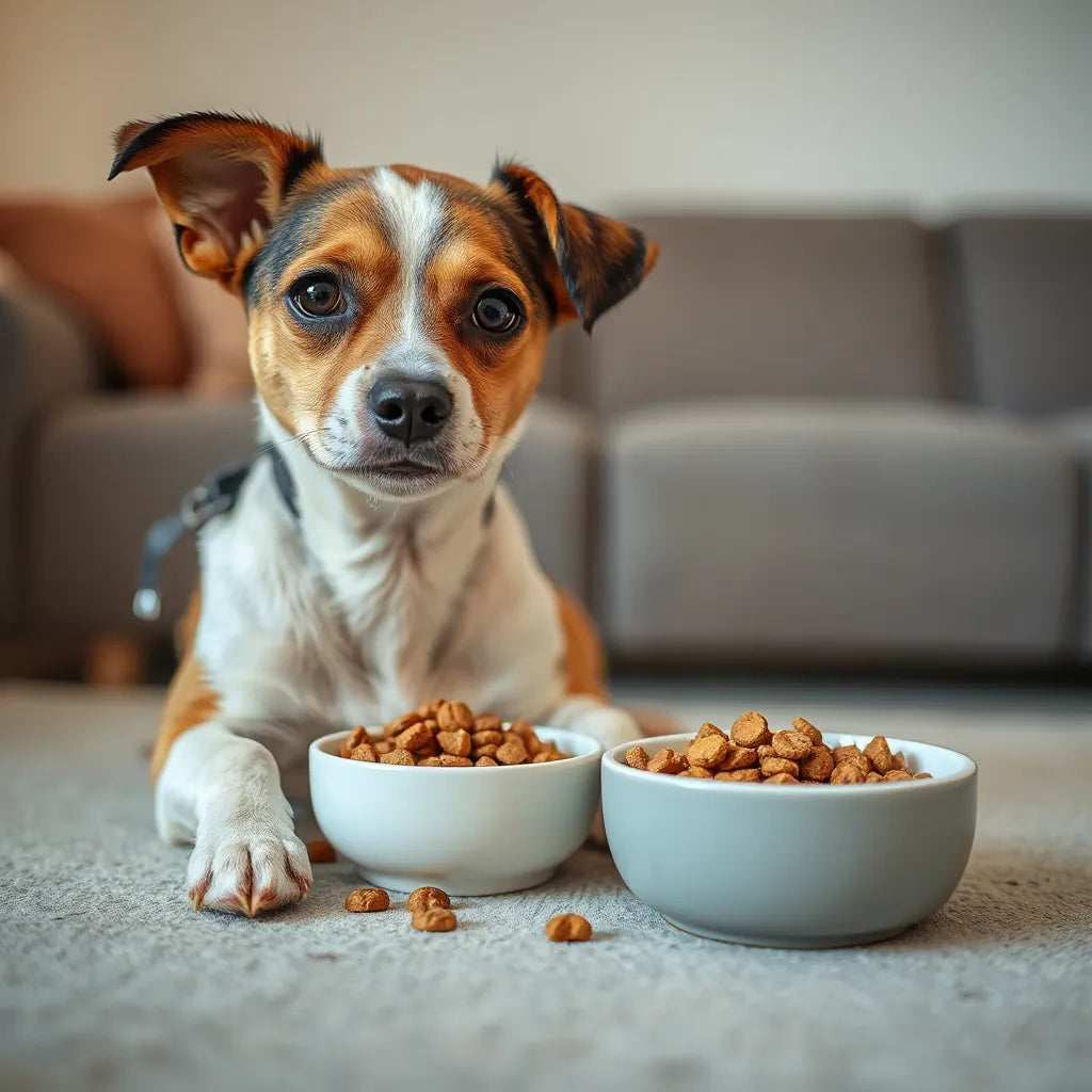 Perro de raza pequeña junto a un recipiente de suplemento y un cuenco de comida en casa