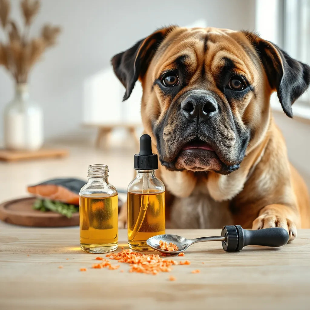 Perro con botella gotero y una cucharadita de aceite de salmón, con detalles sutiles de salmón al fondo