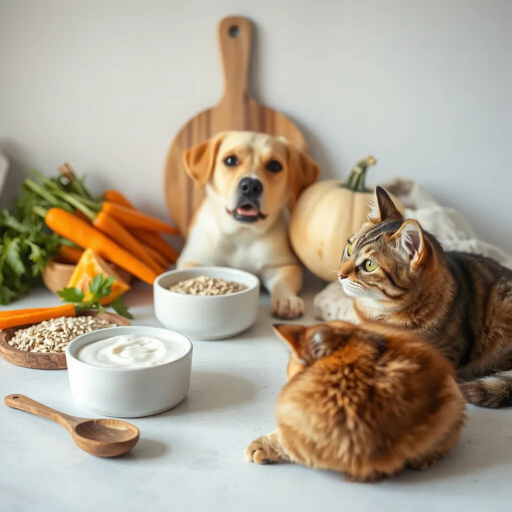 Ingredientes naturales para mascotas sobre una encimera y dos animales curiosos en segundo plano
