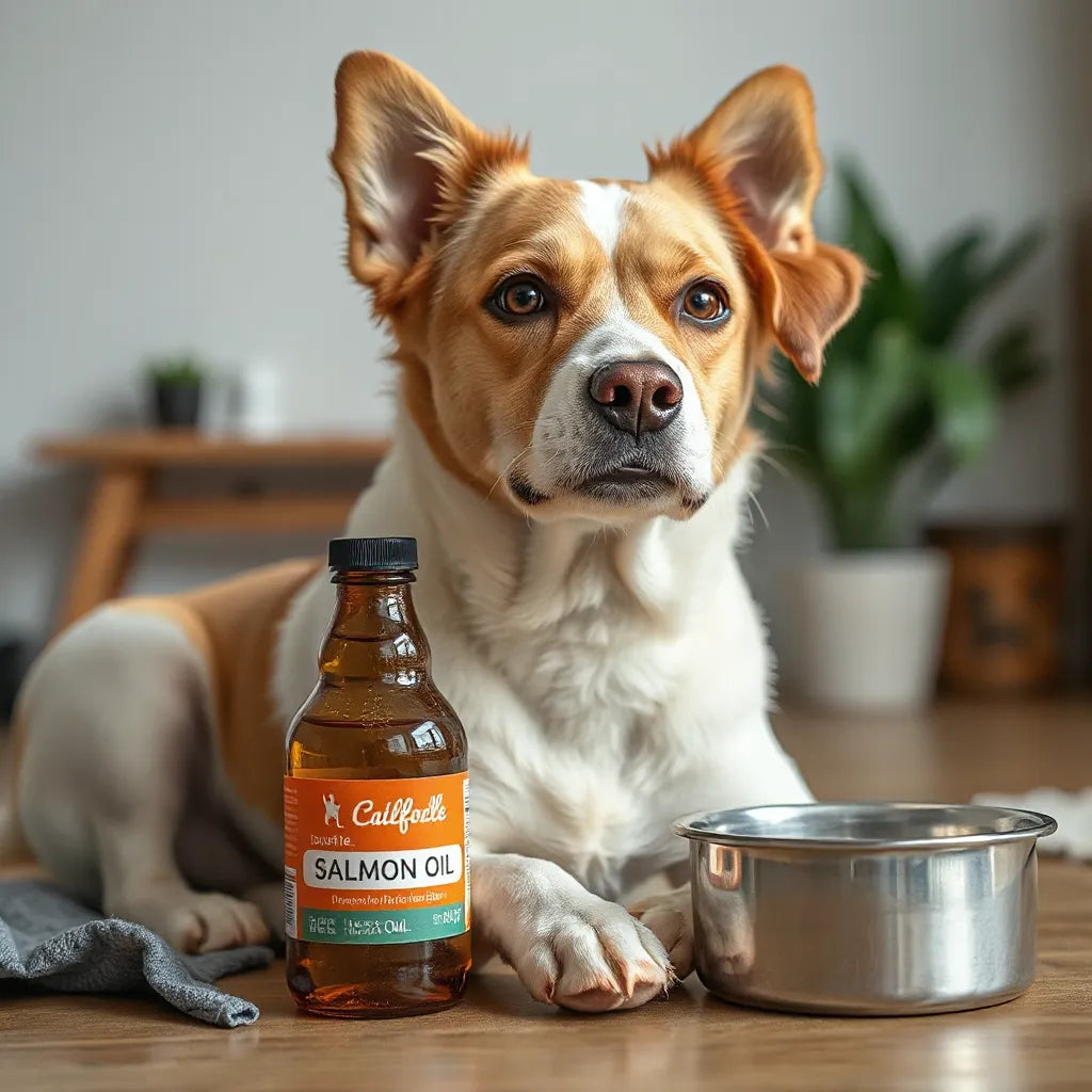 Perro con un frasco de aceite de salmón y un cuenco de comida al lado
