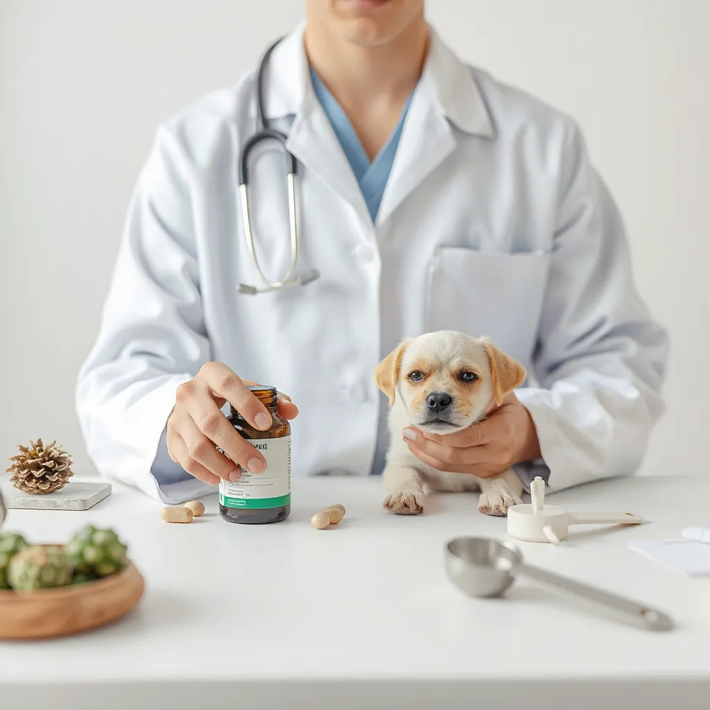 Veterinario sosteniendo un perro pequeño junto a un frasco de suplemento sin etiquetas en un escritorio limpio