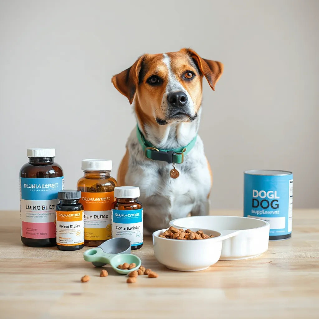Perro junto a frascos genéricos de suplementos y una cuchara medidora sobre una mesa de madera