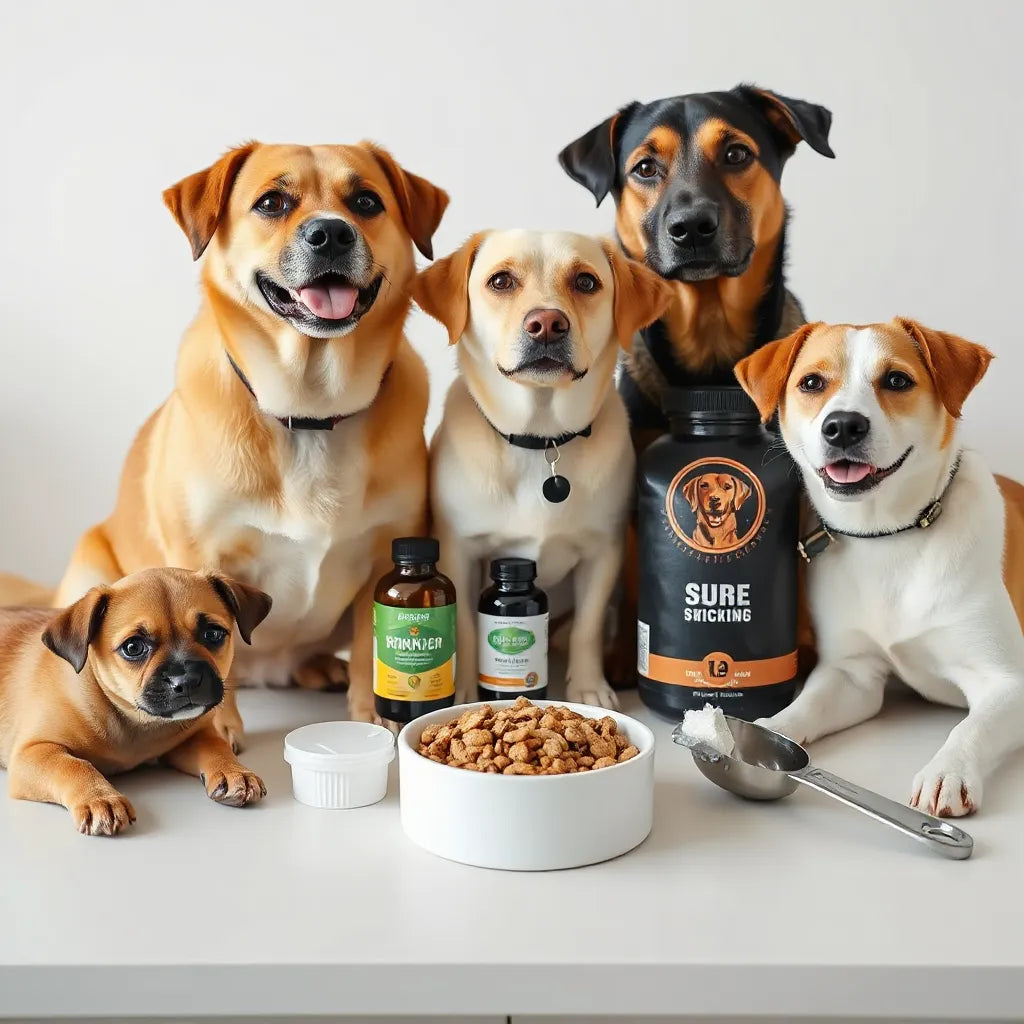 Grupo de perros de distintas razas junto a un suplemento para perros en una encimera limpia