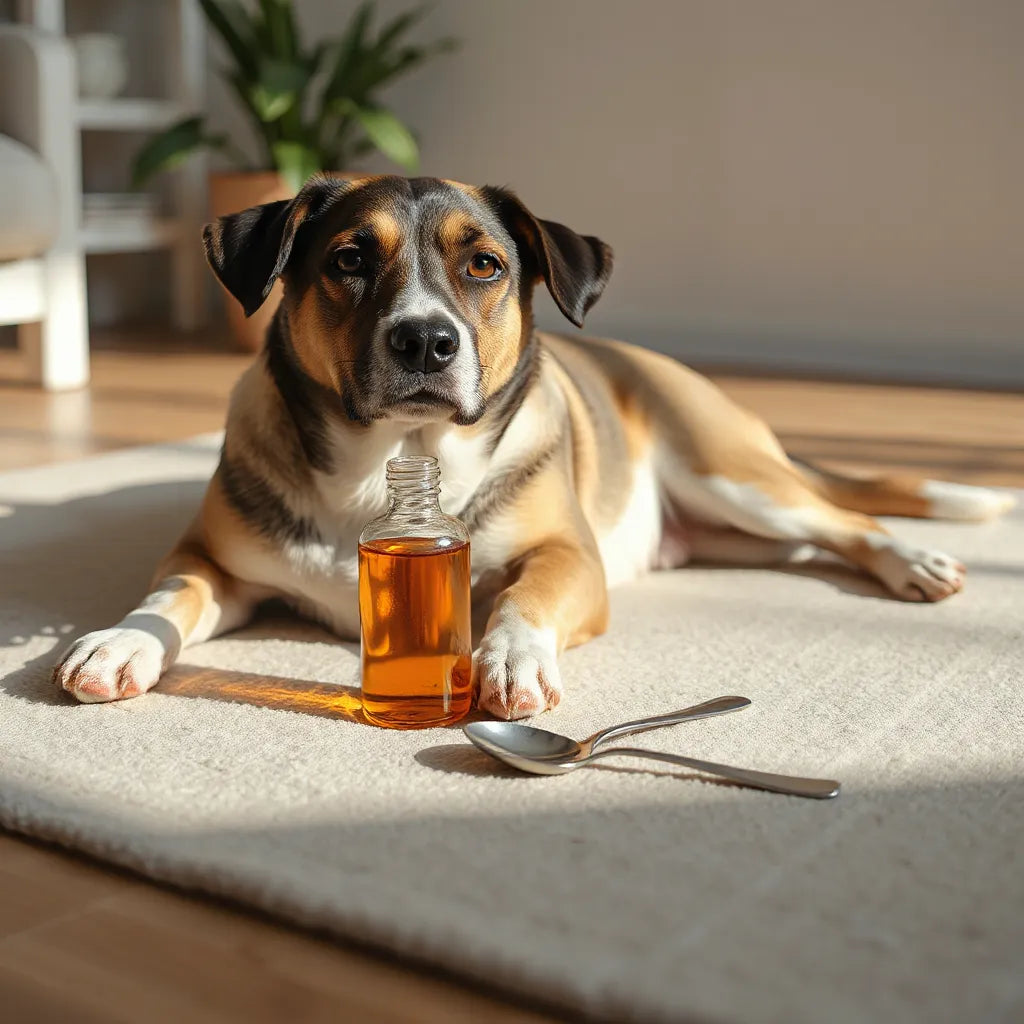 Perro tranquilo junto a un frasco de aceite de salmón y una cuchara de metal