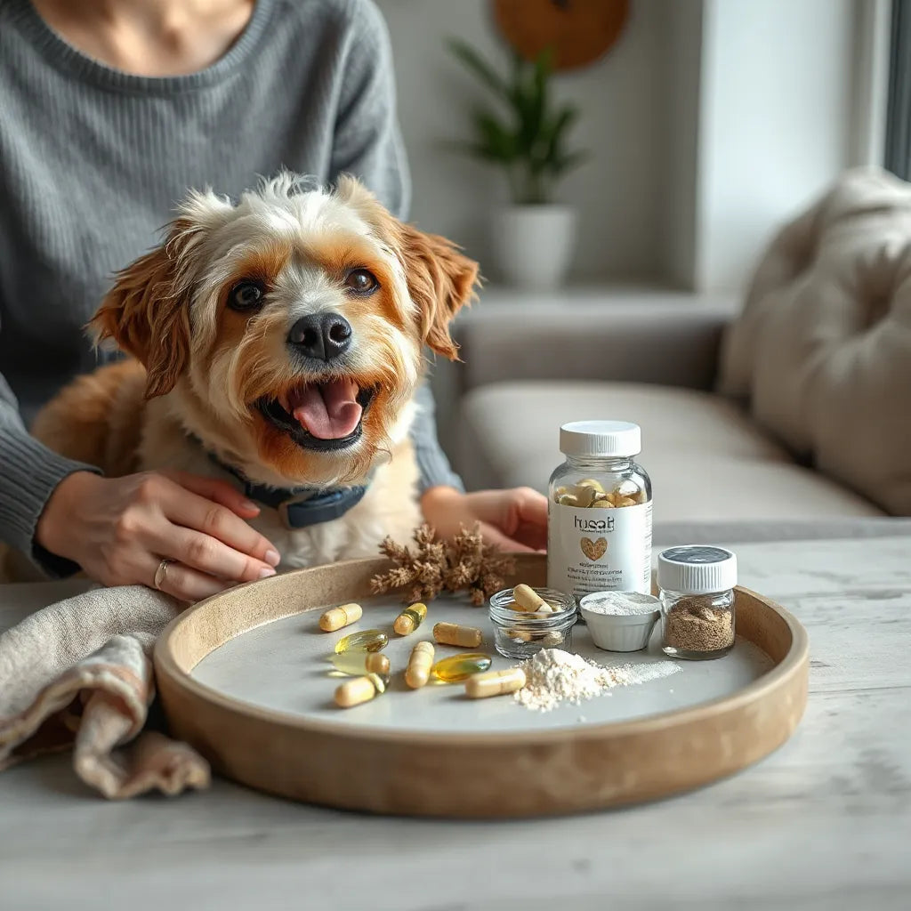 Persona preparando suplementos naturales mientras un perro de pelaje brillante se ve saludable