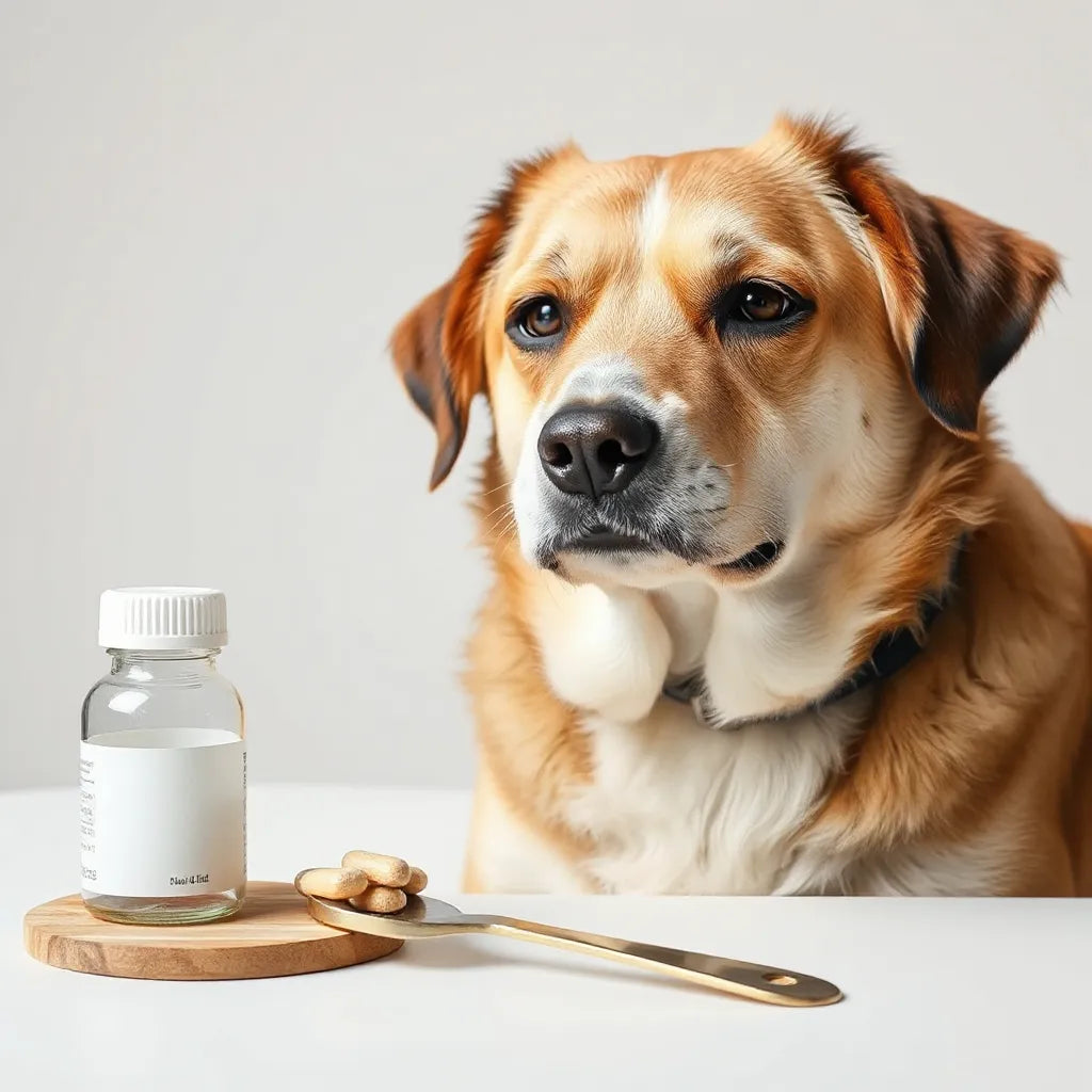 Perro saludable junto a frasco de suplemento y cucharilla medidora sobre fondo neutro