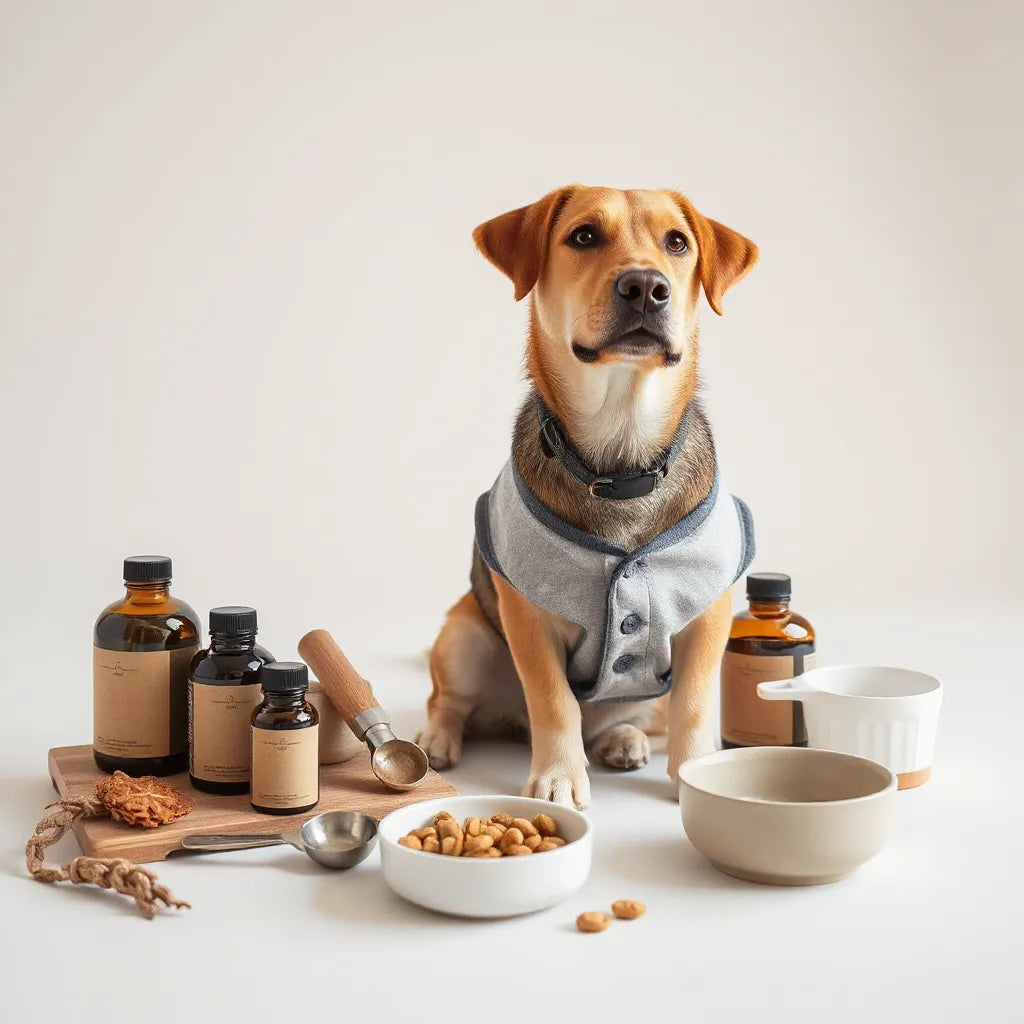 Perro sano junto a botes de suplementos y un cuenco, en un ambiente limpio con luz natural