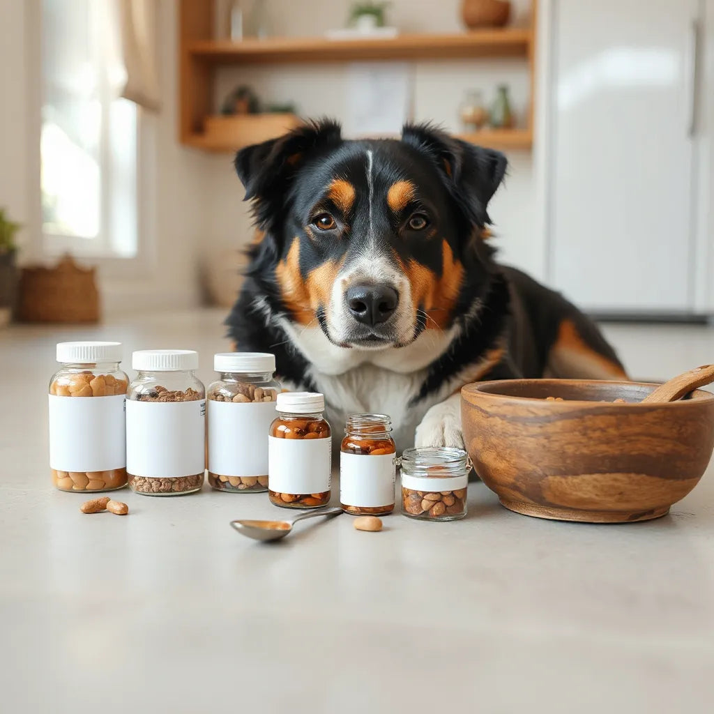 Perro adulto descansando junto a frascos de suplementos y utensilios de dosificación en una cocina luminosa