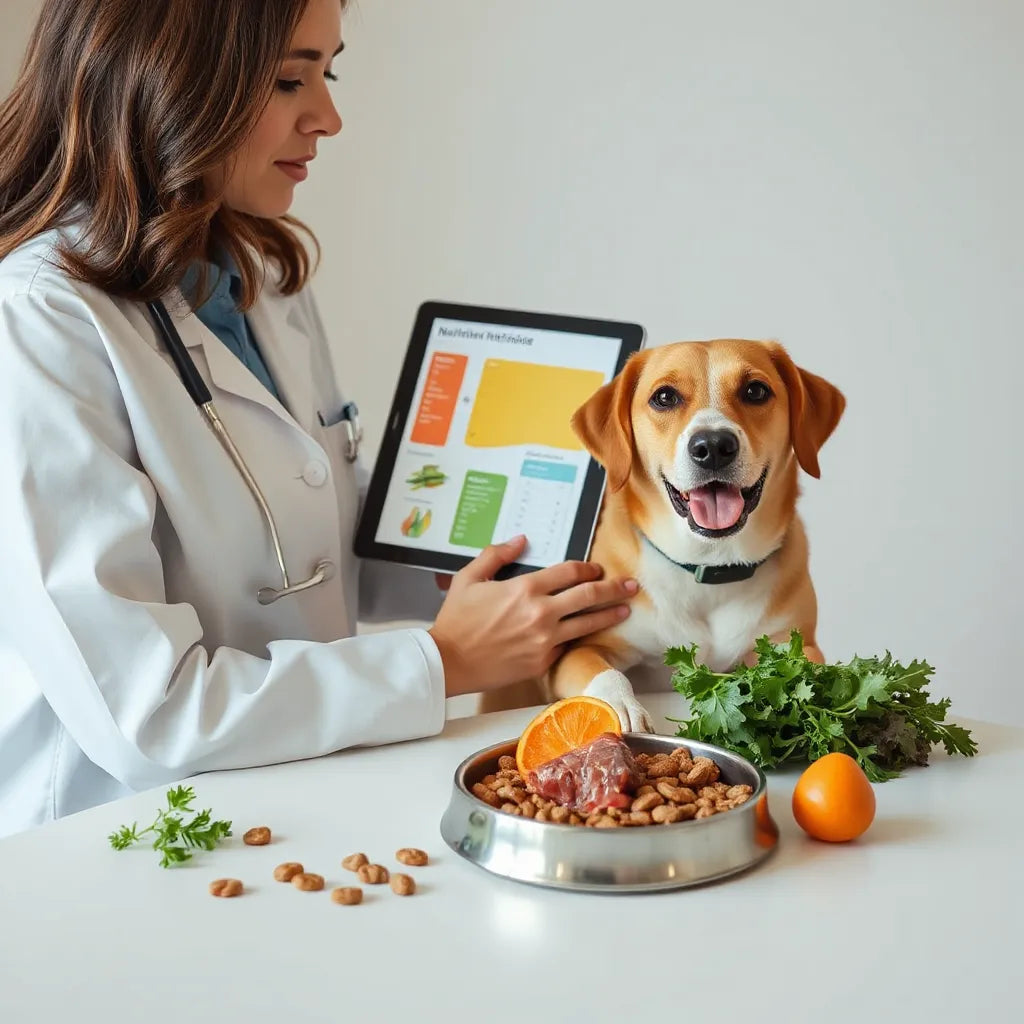 Veterinario revisando dieta personalizada para un perro con ingredientes frescos en una mesa