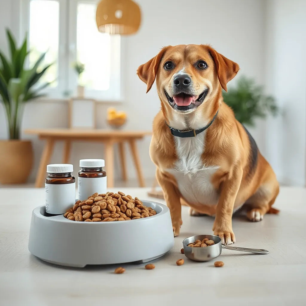 Perro junto a un cuenco para mascotas y suplementos nutricionales en una mesa de madera clara