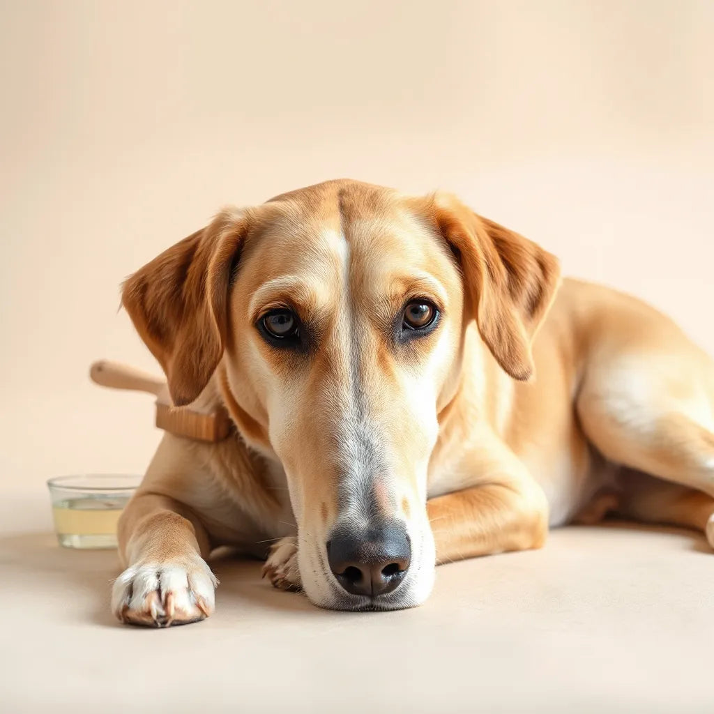 Perro con pelaje brillante y piel sana, con cepillo de aseo y luz natural de fondo