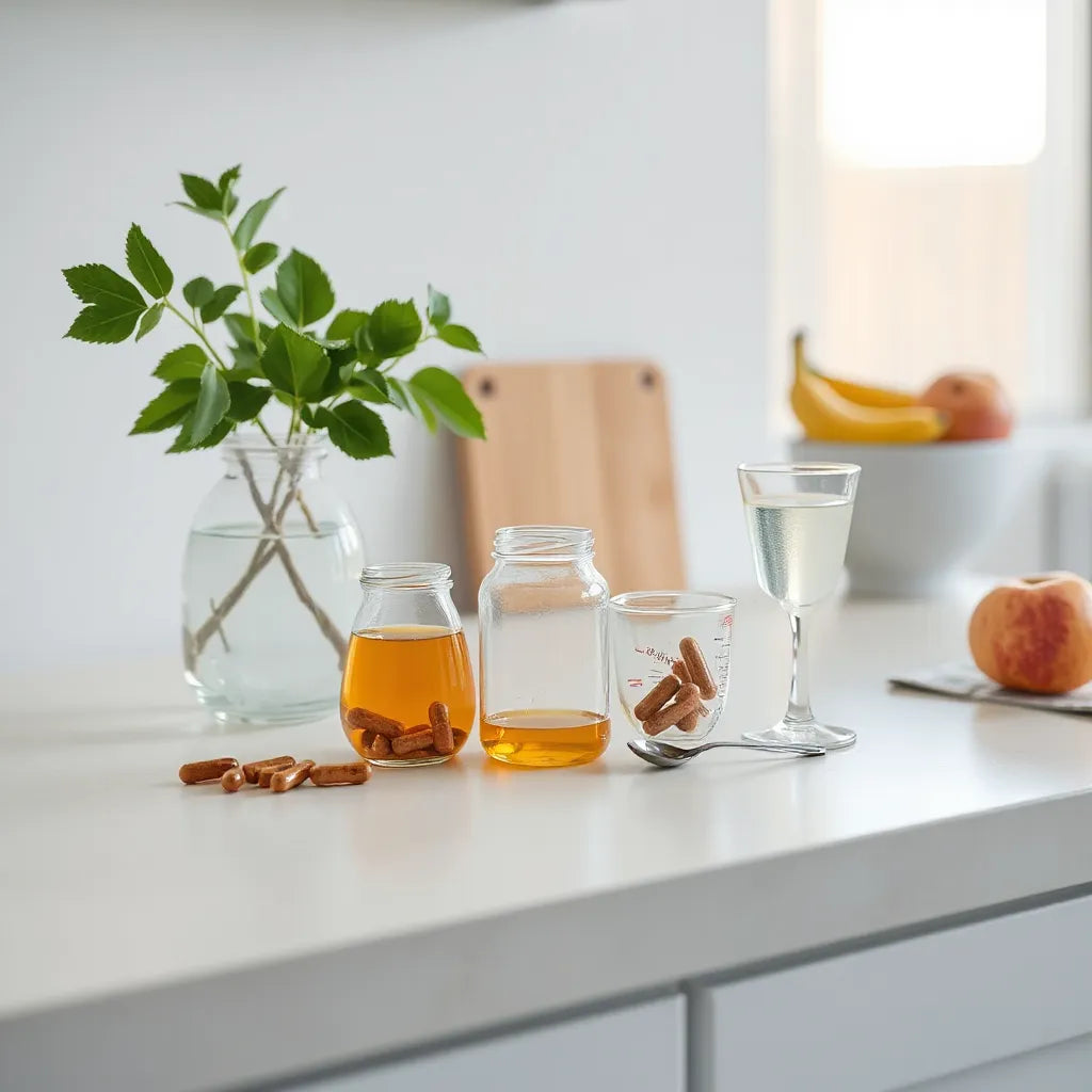 Vasos y frascos de suplementos junto a frutas y agua sobre una encimera luminosa