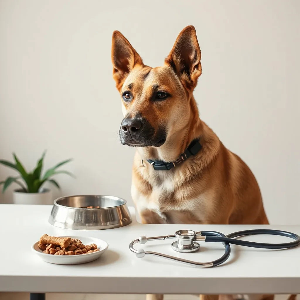 Perro saludable junto a su plato de comida, con accesorios médicos sobre una mesa para sugerir bienestar digestivo