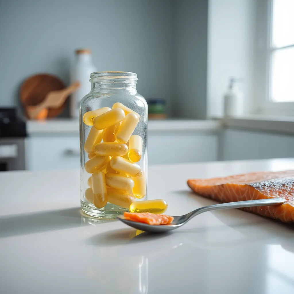 Frasco con cápsulas de omega 3, algunas softgels y un trozo de salmón sobre una mesa.