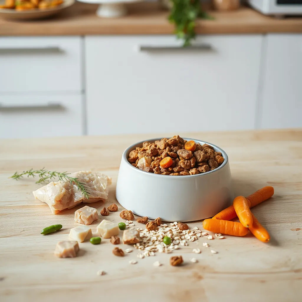 Bowl de comida para perros y varios ingredientes naturales frescos sobre una mesa de madera clara