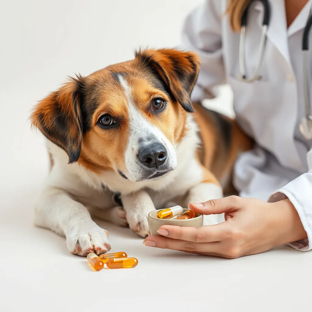Perro tranquilo con piel sana y suplementos veterinarios en primer plano sobre fondo neutro