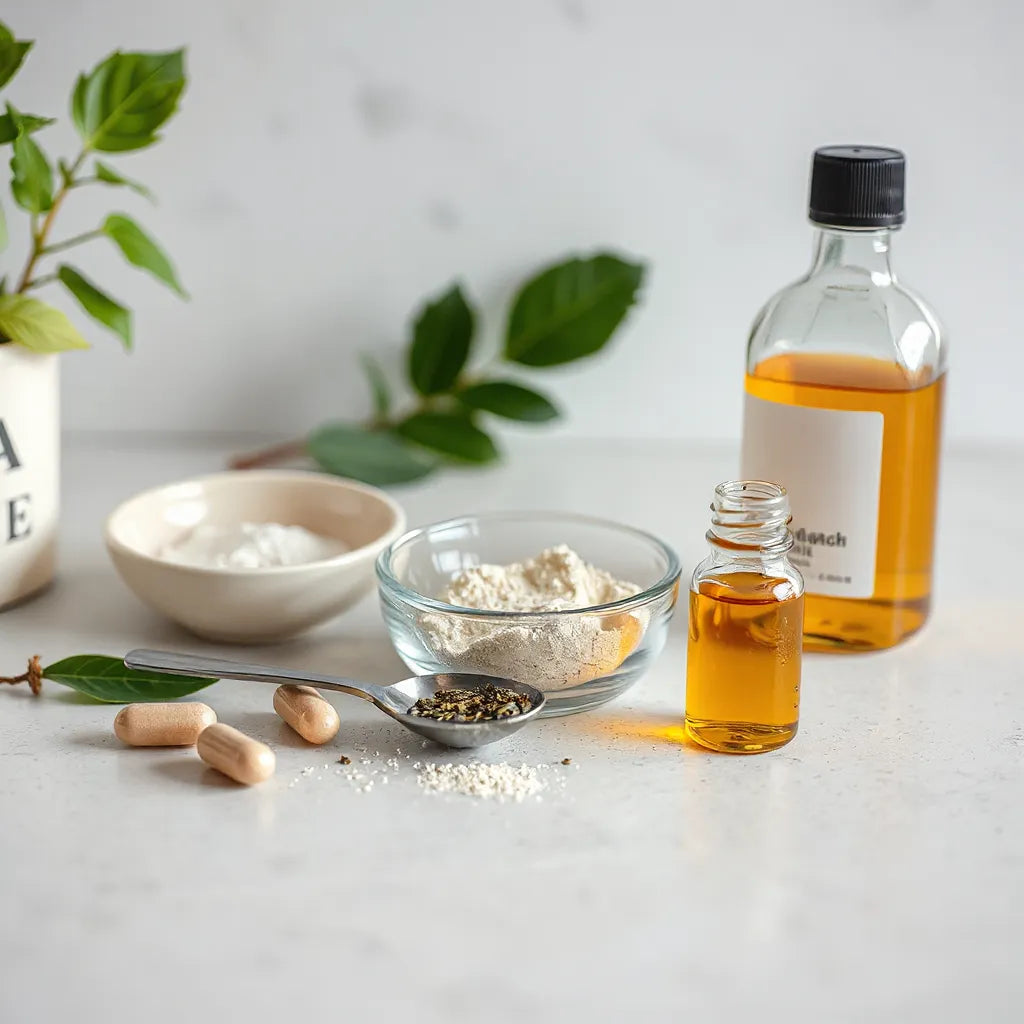 Ingredientes de suplementos variados y bien organizados sobre una superficie limpia con frascos y cápsulas
