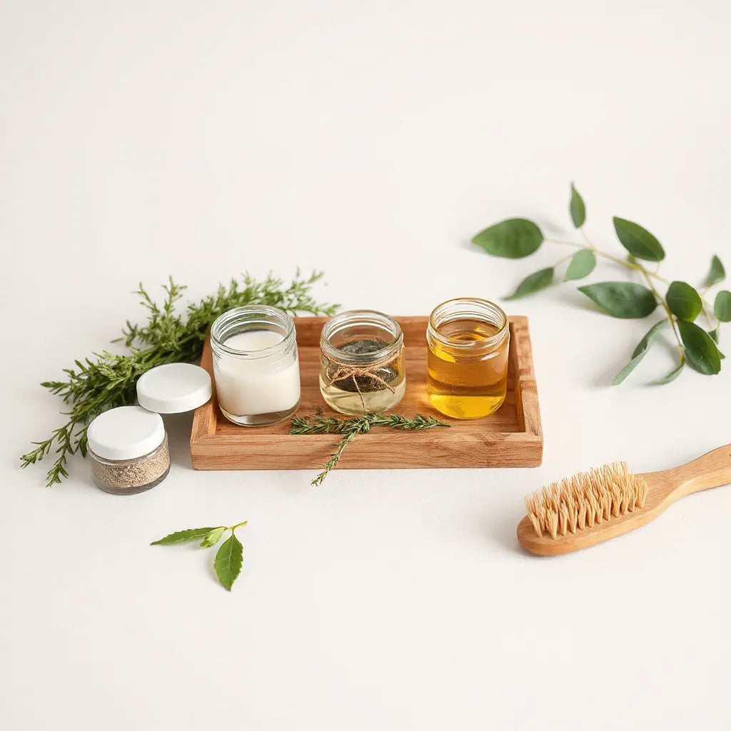 Juegos de productos para cabello herbal en frascos de vidrio junto a hojas y una brocha de cerdas suaves