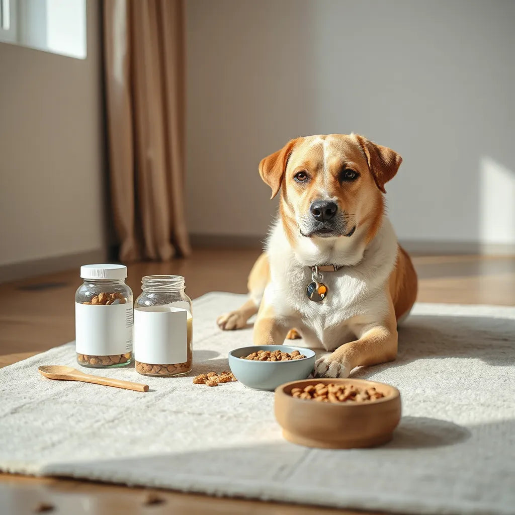 Perro tranquilo junto a frascos de suplementos naturales para perros y un cuenco con ingredientes.
