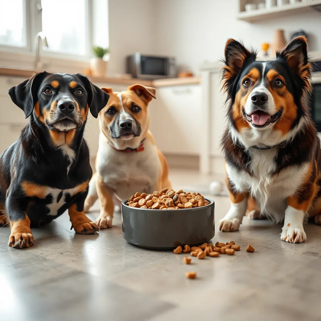 Perro junto a un cuenco con croquetas de alta calidad en un ambiente doméstico, con luz natural suave