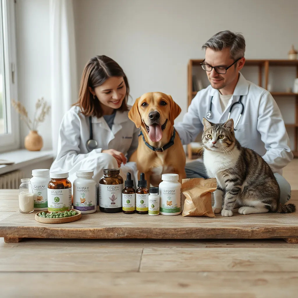 Veterinario y dueño revisando suplementos naturales con un perro y un gato en una mesa