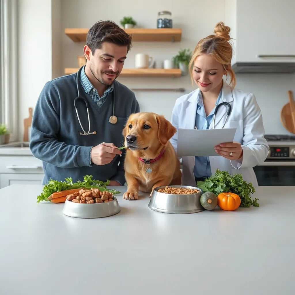 Veterinario revisando un plan de alimentación junto a un cuenco con comida saludable para perro en casa