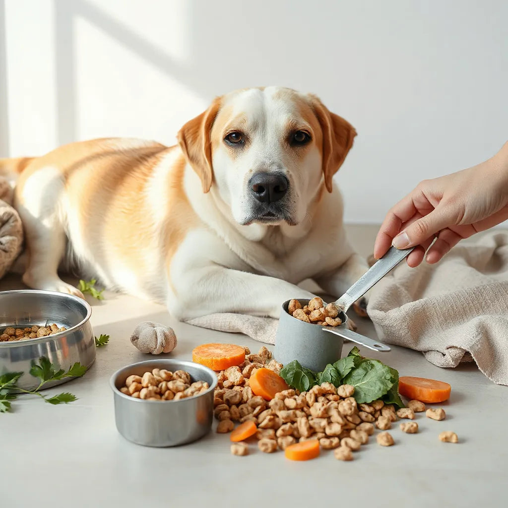 Perro tranquilo junto a cuenco y porciones de alimento con ingredientes naturales para una dieta equilibrada