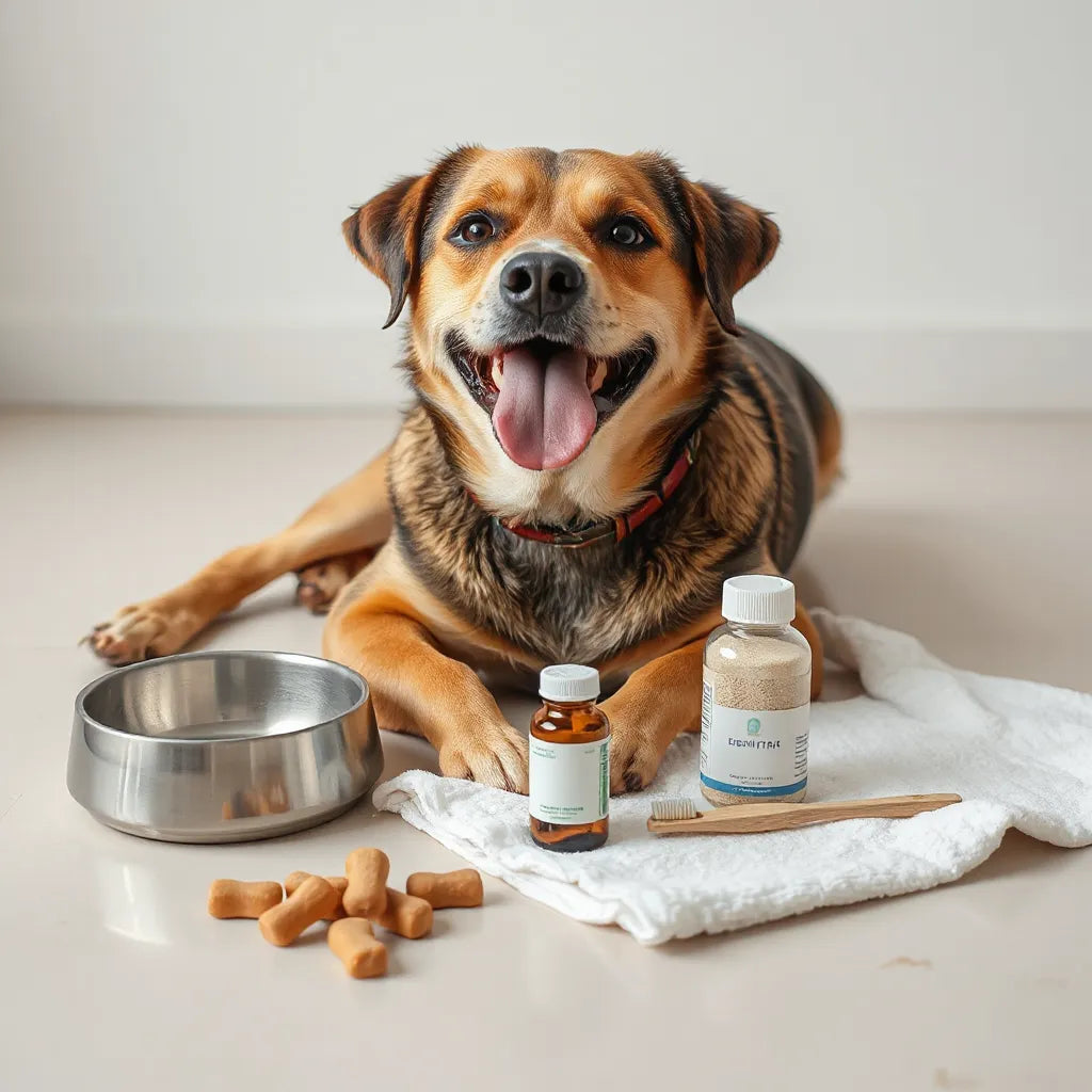 Perro junto a accesorios dentales y suplementos para apoyar la salud de encías y aliento