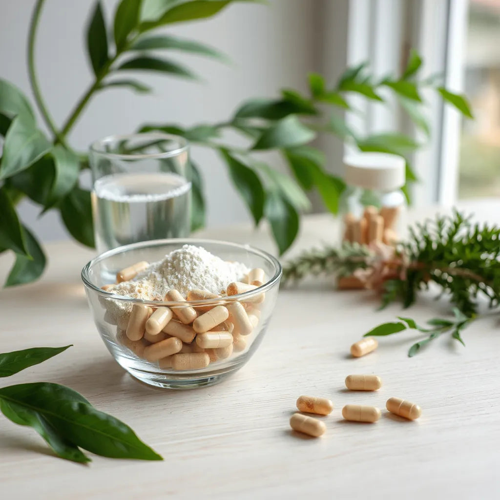 Cápsulas y polvo de suplementos sobre una mesa de madera con luz natural y un vaso de agua