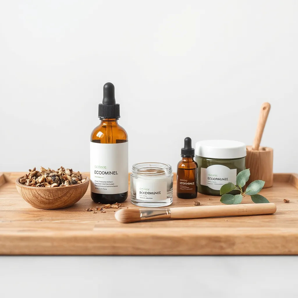 Botes y frascos de cosmética ecológica con hojas verdes sobre un tocador de madera bajo luz natural